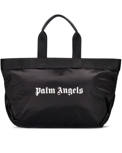 Кожени шопинг чанта с принт Palm Angels черно