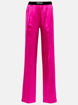 Hedvábné saténové rovné kalhoty s vysokým pasem Tom Ford růžové
