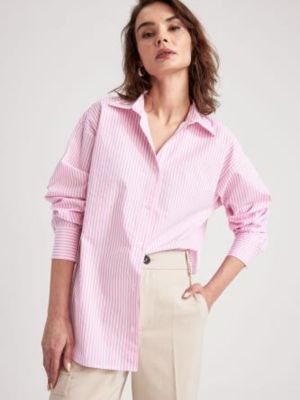 Хлопковая рубашка в полоску с длинным рукавом Defacto розовая