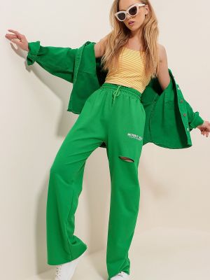 Nohavice s vysokým pásom s potlačou Trend Alaçatı Stili zelená