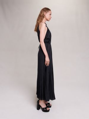 Плиссированное атласное длинное платье Maje черное