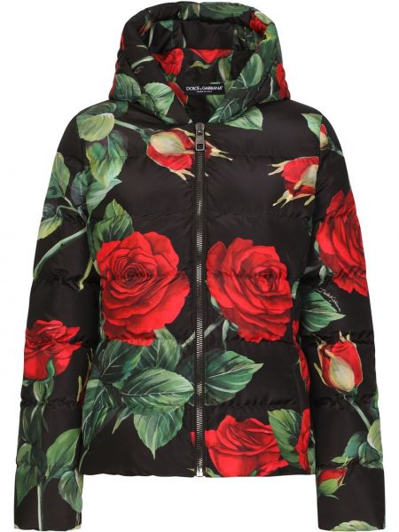 Пухено яке на цветя с принт Dolce & Gabbana черно