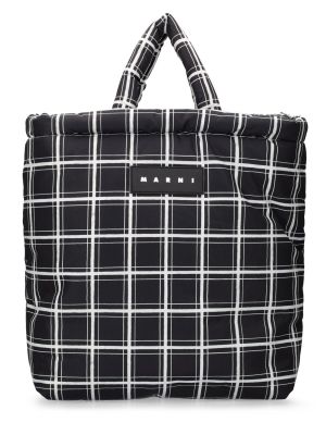 Kockovaná nylónová nákupná taška s potlačou Marni čierna