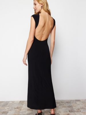 Pletené priliehavé dlouhé šaty s výrezom na chrbte Trendyol čierna