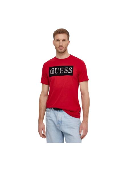 Koszulka bawełniana z nadrukiem Guess czerwona