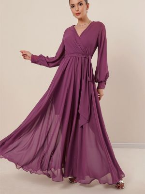 Šifonové dlouhé šaty s dlouhými rukávy By Saygı růžové