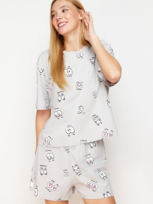 Pijamale din bumbac tricotate cu imagine Trendyol