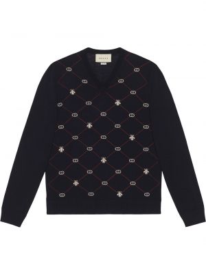 Жакардов пуловер с v-образно деколте Gucci синьо