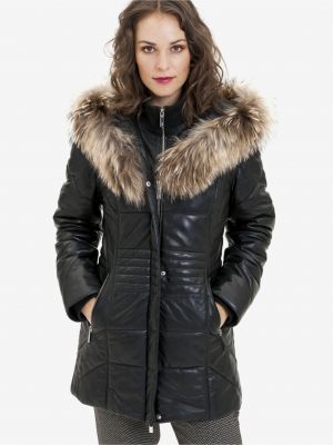 Kožený kabát s kožíškem s kapucí Kara - černá
