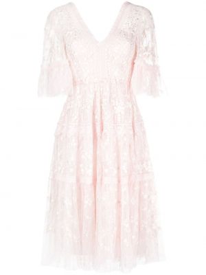 Sukienka koktajlowa z dekoltem w serek koronkowa Needle & Thread różowa