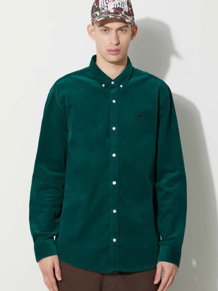 Péřová manšestrová košile s knoflíky Carhartt Wip zelená