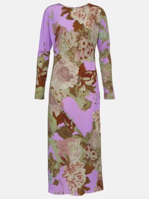Sukienka midi w kwiatki Dries Van Noten fioletowa