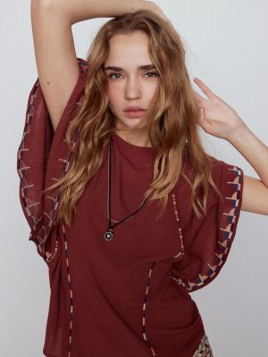 Блузка с вышивкой с рюшами Slowlove коричневая