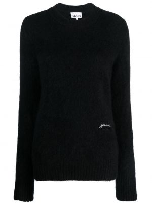 Пуловер бродиран с кръгло деколте Ganni черно