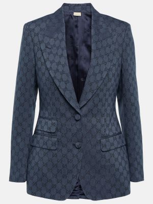 Жаккардовый хлопковый льняной пиджак Gucci синий