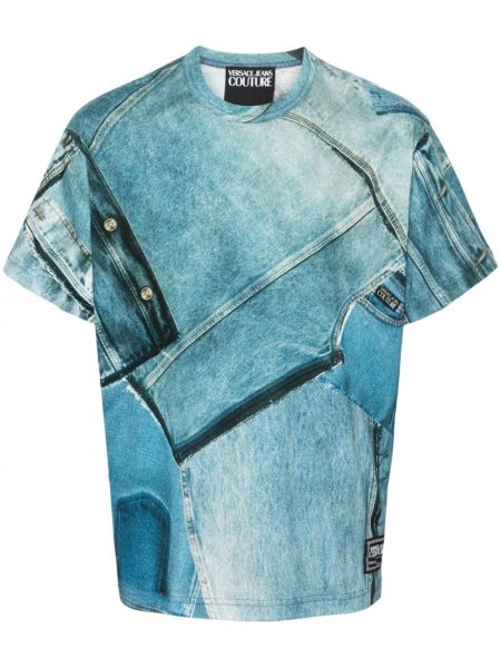 Памучна тениска с принт Versace Jeans Couture синьо