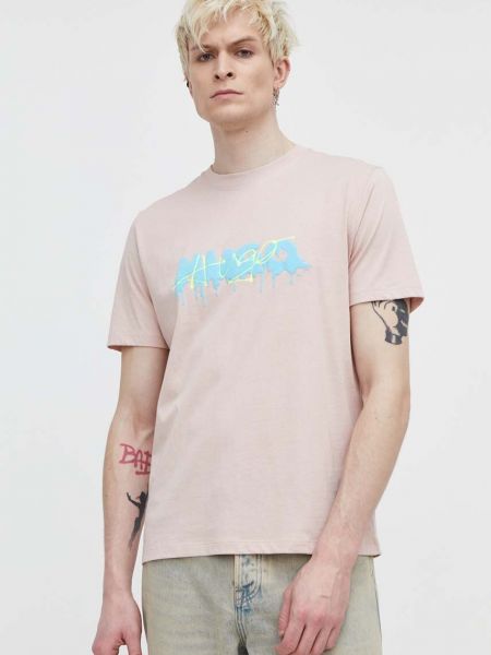 Памучна тениска с дълъг ръкав с принт Hugo розово