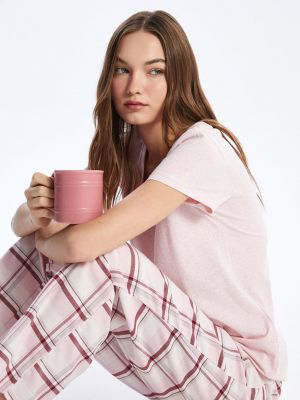 Клетчатая пижама с коротким рукавом с круглым вырезом Lcw Eco розовая