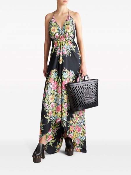 Květinové hedvábné dlouhé šaty Etro černé