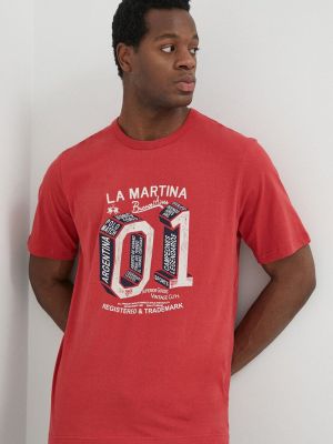 Памучна тениска с дълъг ръкав с принт La Martina червено