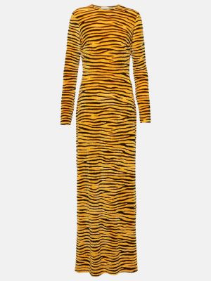 Sametové dlouhé šaty s potiskem s tygřím vzorem Rabanne žluté