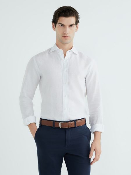 Camisa de lino manga larga de tejido jacquard Mirto blanco