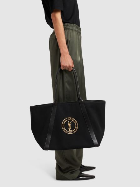 Shopper handtasche mit stickerei aus baumwoll Saint Laurent schwarz