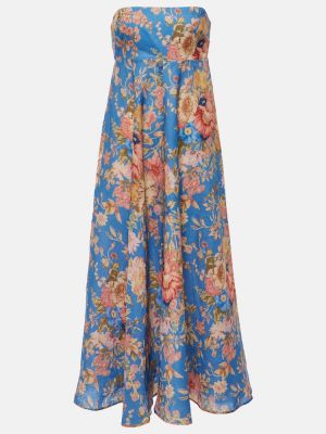 Květinové lněné midi šaty Zimmermann modré