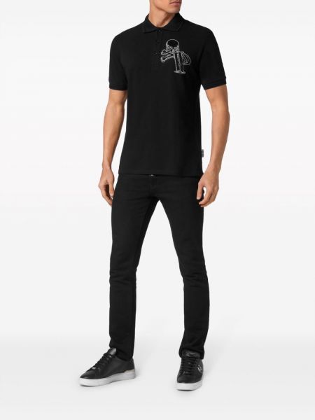Medvilninis polo marškinėliai su kristalais Philipp Plein juoda