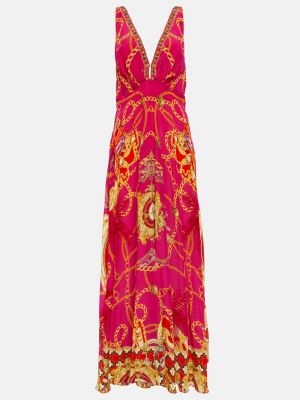 Шелковое длинное платье с принтом с v-образным вырезом Camilla