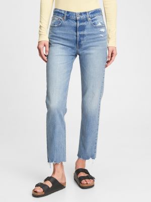Straight fit džíny s vysokým pasem s oděrkami Gap modré