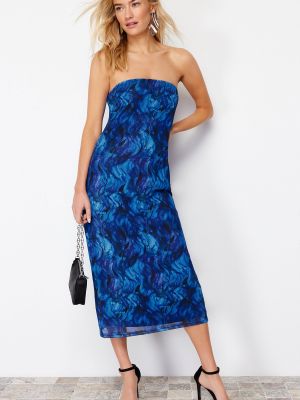 Pletena midi haljina s printom od tila Trendyol plava