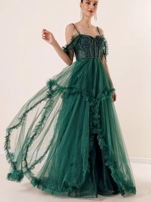 Tylové večerné šaty s korálky s volánmi By Saygı zelená