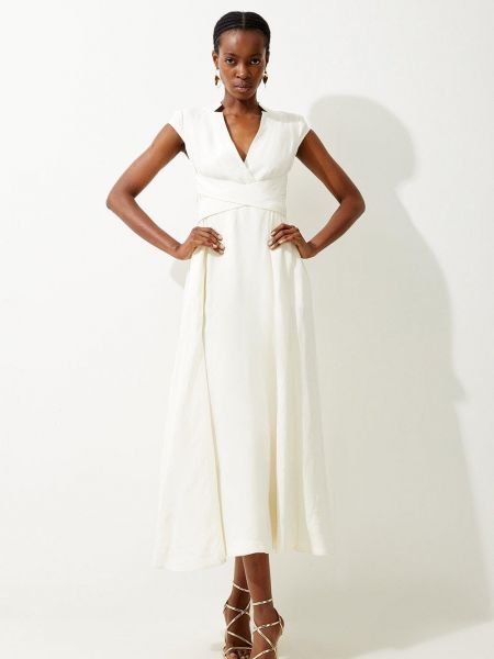 Белое льняное платье миди с v-образным вырезом Karen Millen