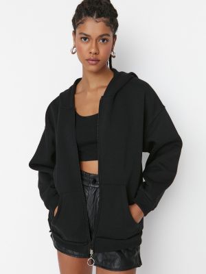 Πλεκτός fleece φούτερ με κουκούλα με φερμουάρ Trendyol μαύρο