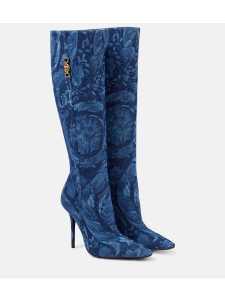 Жаккардовые сапоги barocco до колена Versace синий