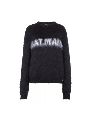 Moherowy pulower z okrągłym dekoltem żakardowy Balmain czarny