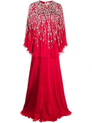 Šifoninis vakarinė suknelė su kristalais Dina Melwani raudona