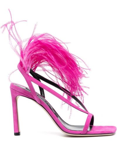 Kožne sandale od brušene kože sa perjem Sergio Rossi ružičasta