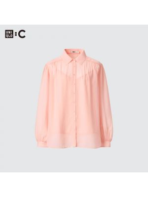 Прозрачная однотонная блузка с длинным рукавом Uniqlo розовая