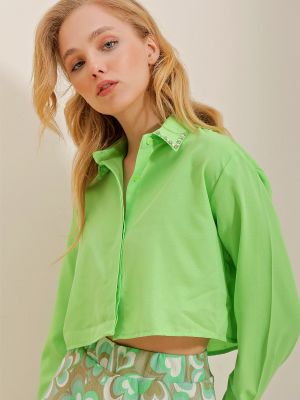 Dzianinowa haftowana koszula Trend Alaçatı Stili zielona