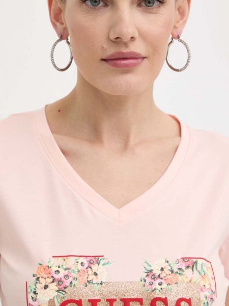 Koszulka z nadrukiem w kwiatki Guess różowa