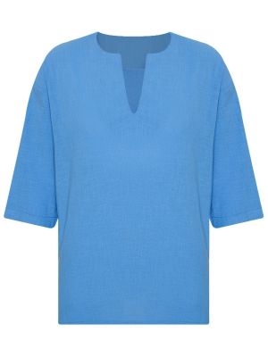 Oversized lněná košile s výstřihem do v Xhan modrá