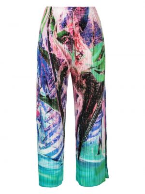 Plisované rovné kalhoty s potiskem s tropickým vzorem Pleats Please Issey Miyake růžové