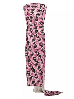 Атласное длинное платье с принтом Prada розовое