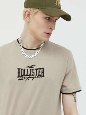 Памучна тениска с дълъг ръкав с апликация Hollister Co. бежово