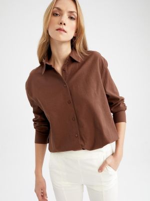 Льняная рубашка с длинным рукавом оверсайз Defacto коричневая