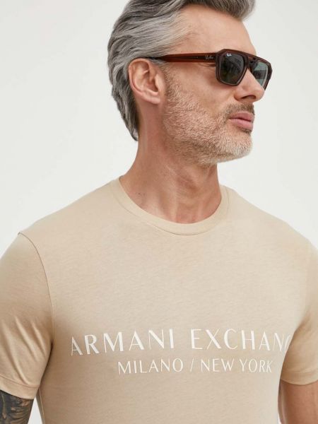 Koszulka z nadrukiem Armani Exchange beżowa