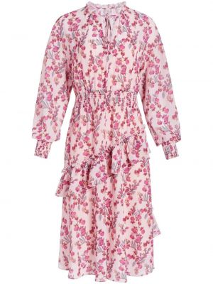 Květinové dlouhé šaty s volány z polyesteru Marchesa Notte - růžová