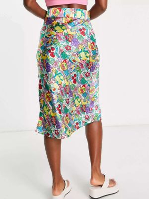 Атласная юбка-комбинация миди Daisy Street с принтом в стиле ретро и разрезом на бедрах
